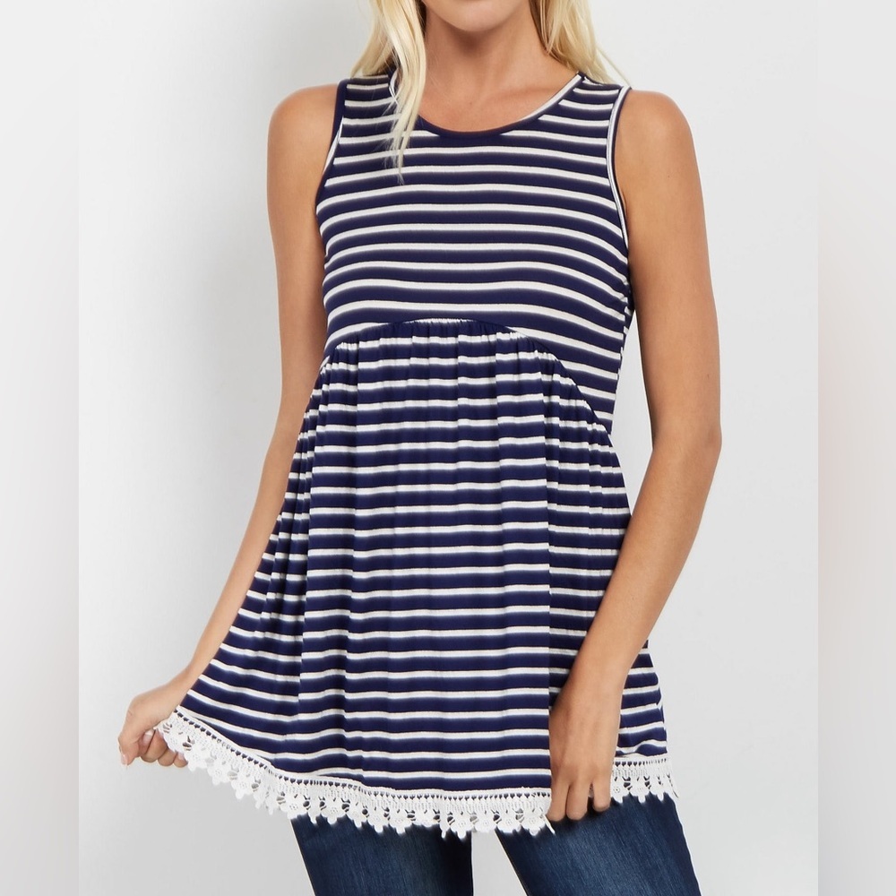 PinkBlush Navy Striped Crochet Trim Maternity Tank Top. Size S NWT